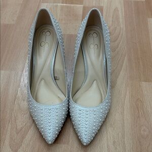 Jessica Simpson Pearl-Studded Cream Heels